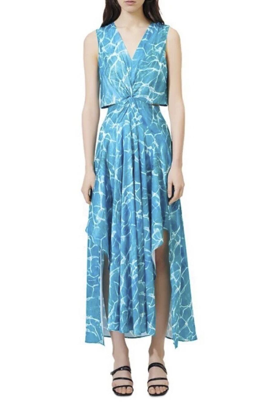 Maje Poolside Stories Satin Print Cutout Maxi Dress Blue Size 36 US 4